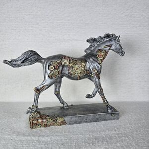 Steam Stallion Metallic Silver Running Steampunk Horse Statue
